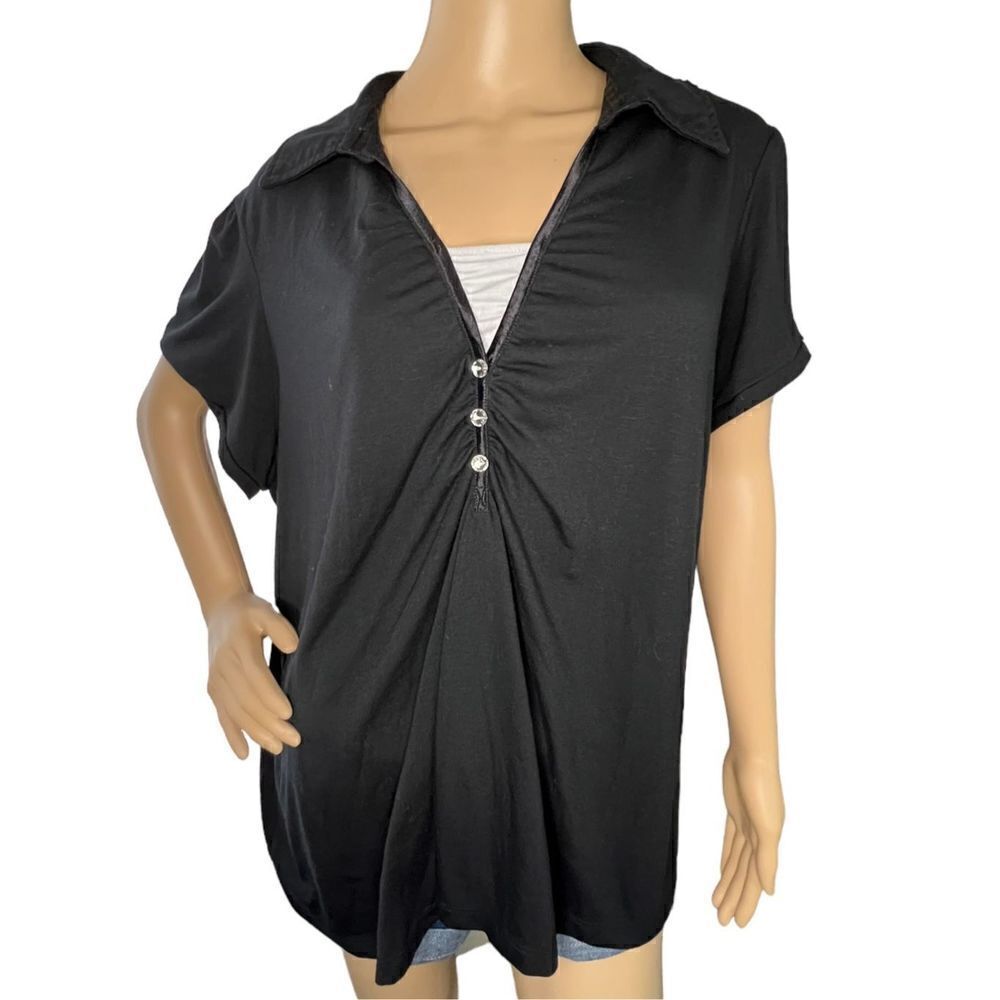 Laura Scott Black, Collared, Short Sleeve T-Shirt With Jewel Buttons